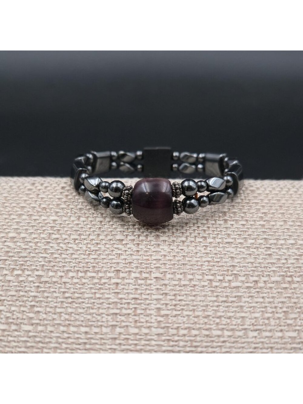 6 Inch Magnetic Hematite and Purple Cat's Eye Double Strand Bracelet B1289